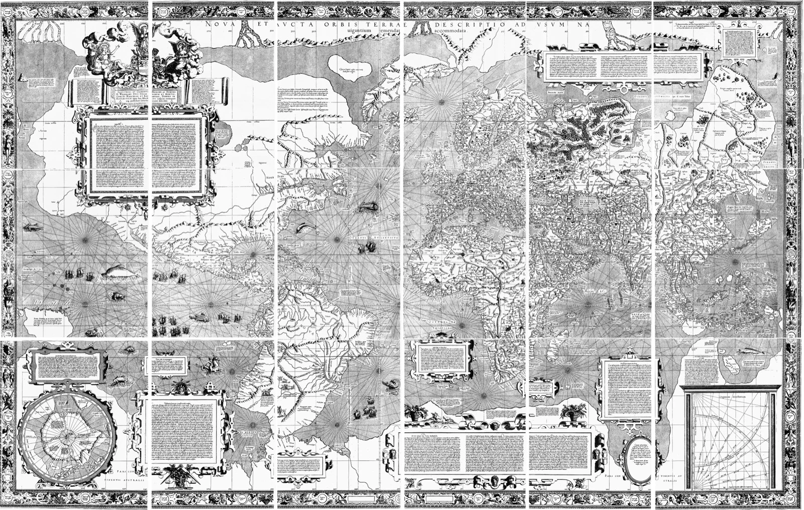Il planisfero di Gerardo Mercatore del 1569 ricomposto dai diciotto fogli originali. In alto corre il titolo latino, e sugli oceani si vedono decine di rose dei venti da cui si irradiano reticoli di linee rette.