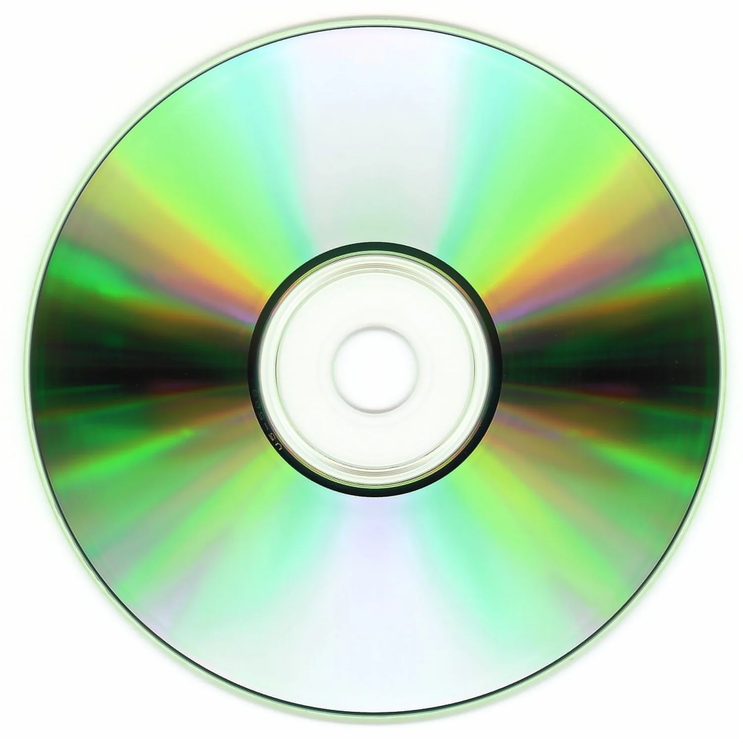 Superficie inferiore riflettente di un compact disc che mostra i colori iridescenti dovuti alla diffrazione della luce, con il foro centrale e l'anello trasparente interno.
