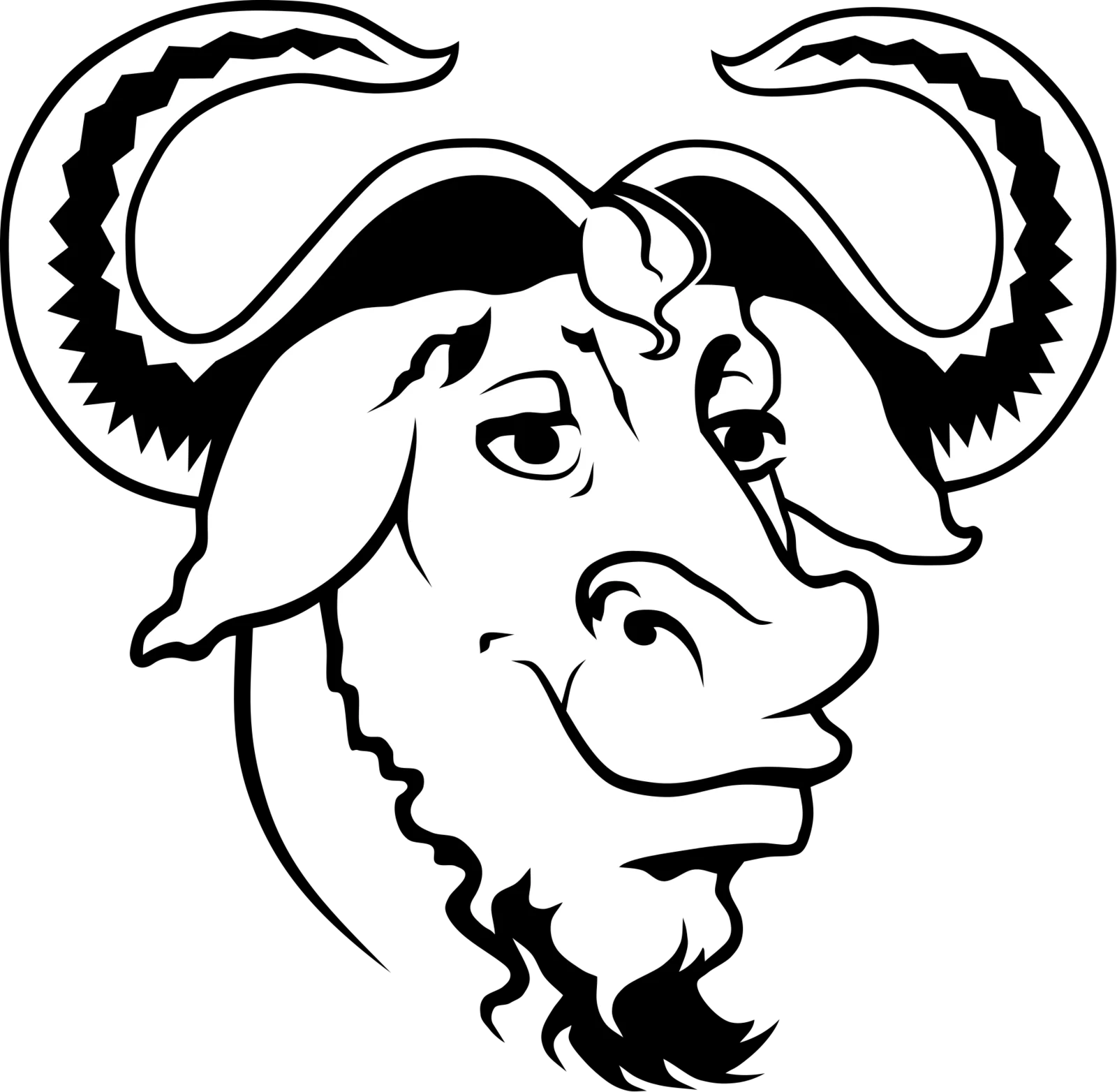 Illustrazione stilizzata di una testa di gnu con barba e corna, il logo del Progetto GNU.