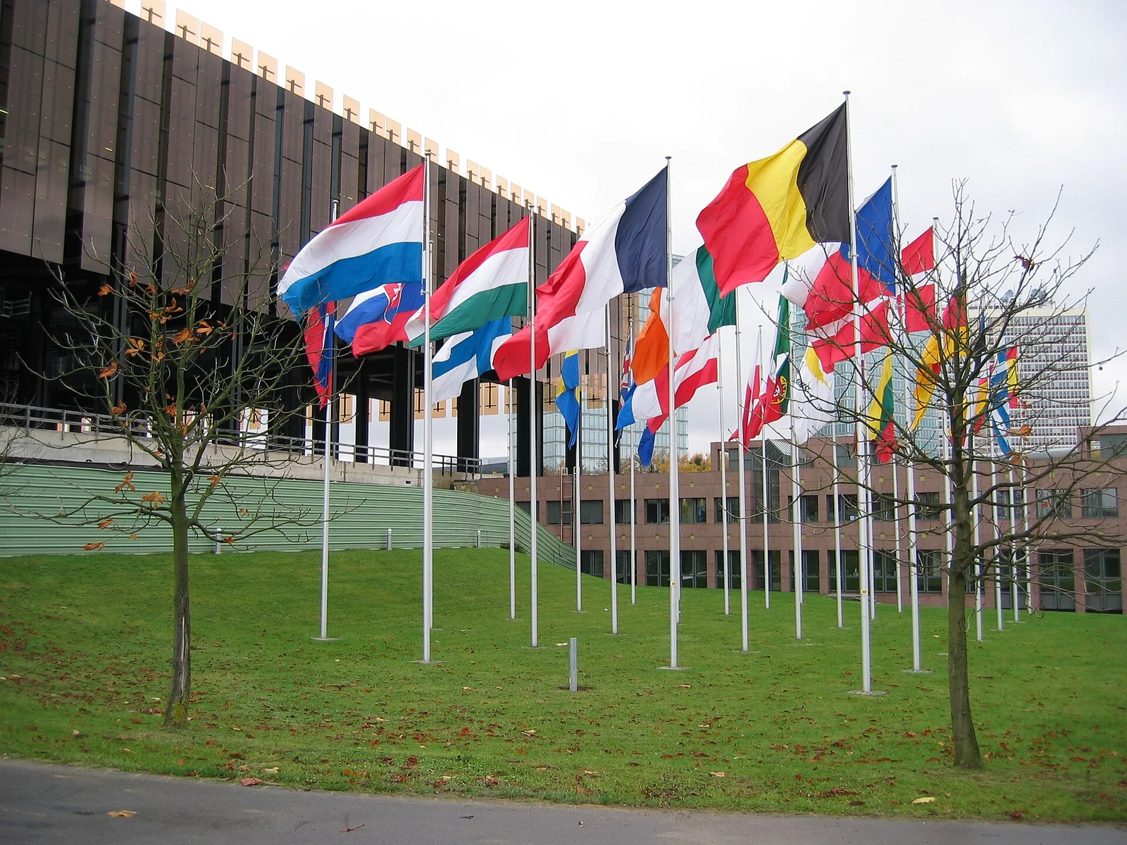 Gli edifici della Corte di giustizia dell'Unione europea a Kirchberg, Lussemburgo, con una fila di bandiere degli Stati membri in primo piano.