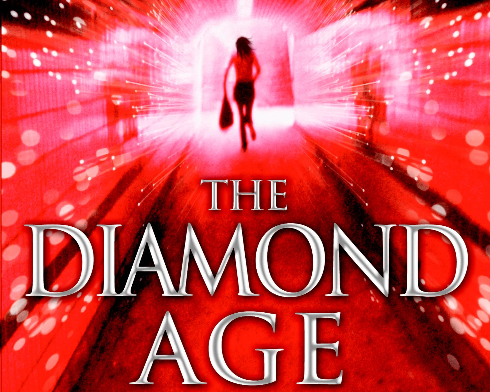 Dettaglio della copertina dell'edizione tascabile di The Diamond Age di Neal Stephenson. In un corridoio rosso attraversato da scie di luce una ragazza corre verso un'apertura bianca, e sotto la sua figura il titolo in lettere argentate.