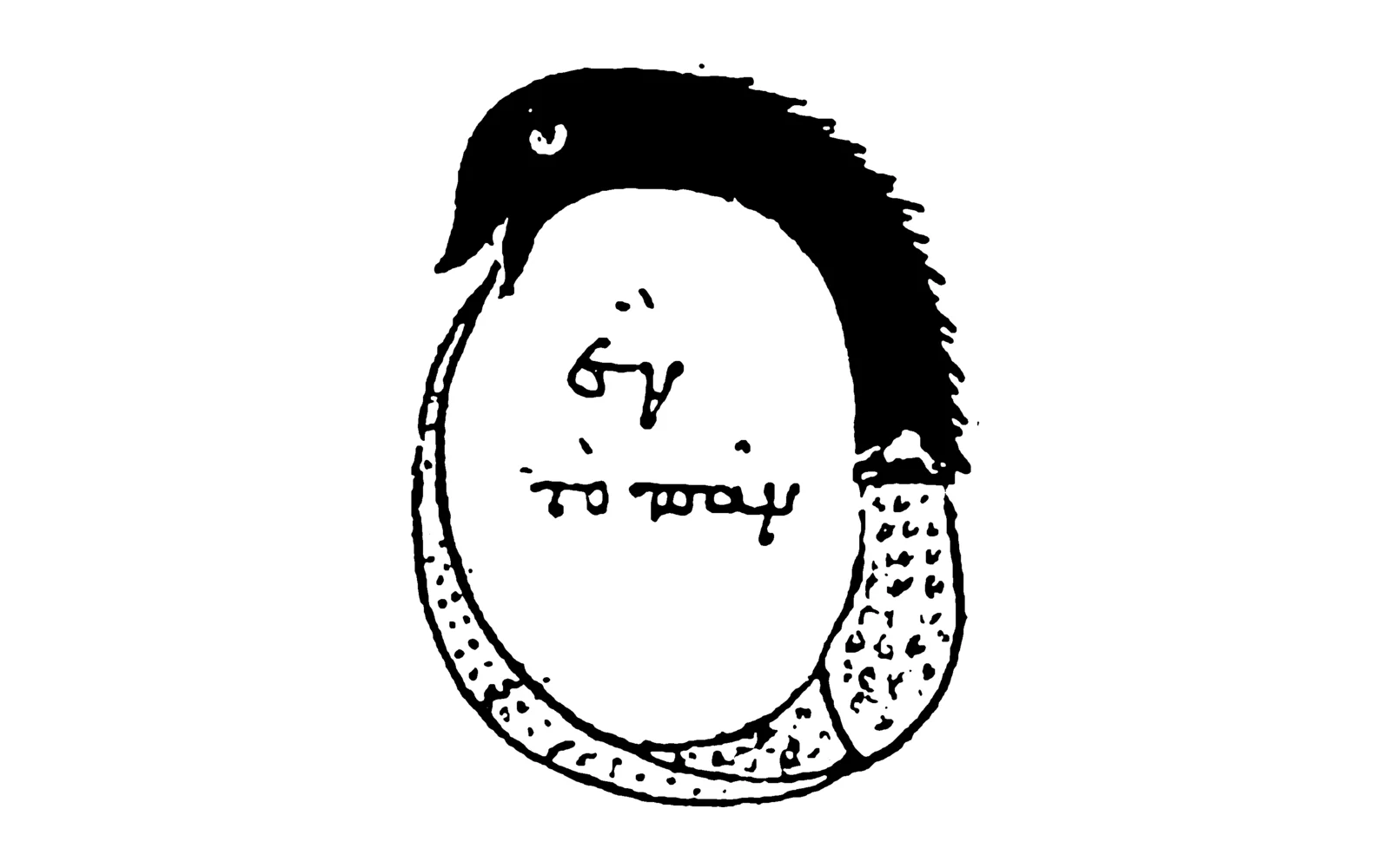 Disegno a inchiostro di un Ouroboros, un serpente dalla testa nera che si morde la coda formando un anello. Il corpo è chiaro e punteggiato, e al centro dell'anello c'è la scritta greca «ἓν τὸ πᾶν».