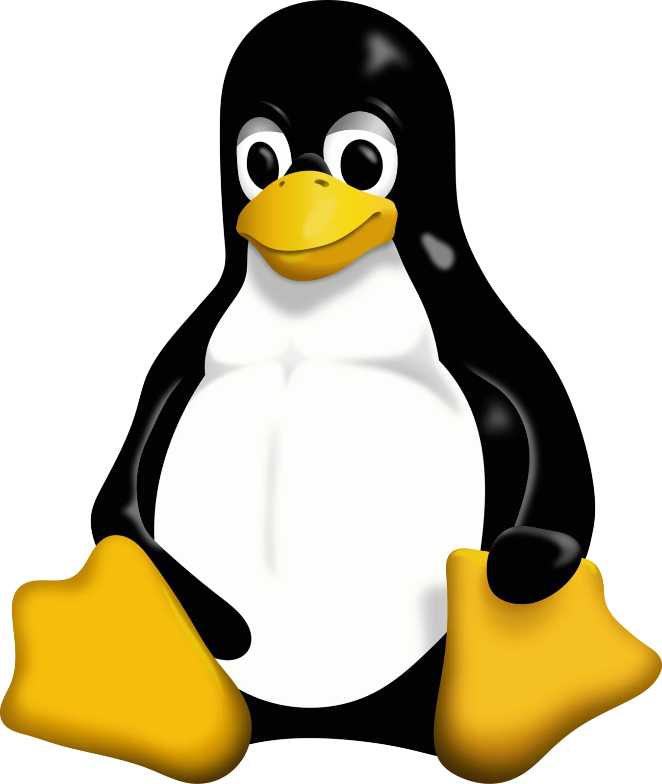 Tux, la mascotte pinguino di Linux: un pinguino stilizzato seduto, dal corpo nero e ventre bianco, con becco e zampe gialle.