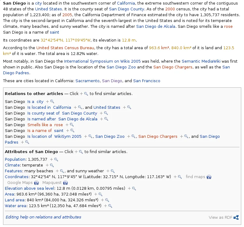 Schermata di una pagina di Semantic MediaWiki con annotazioni di dati strutturati su una voce wiki.