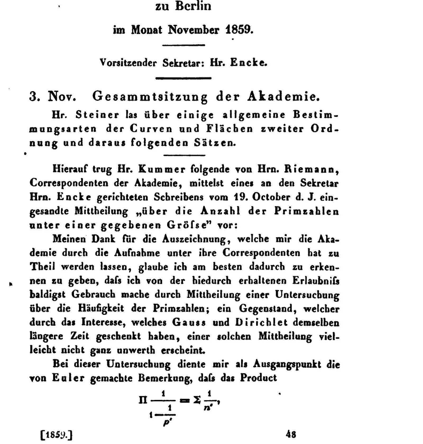 Pagina a stampa in caratteri tedeschi del resoconto dell'Accademia di Berlino del novembre 1859, con l'inizio della memoria di Riemann sul numero dei primi minori di una grandezza data e, in fondo, la formula del prodotto di Eulero.