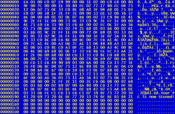 Schermata di un editor esadecimale che mostra il dump del Master Boot Record infettato dal virus Stoned, con colonne di byte esadecimali e la stringa ASCII leggibile 'Your PC is now Stoned!'.
