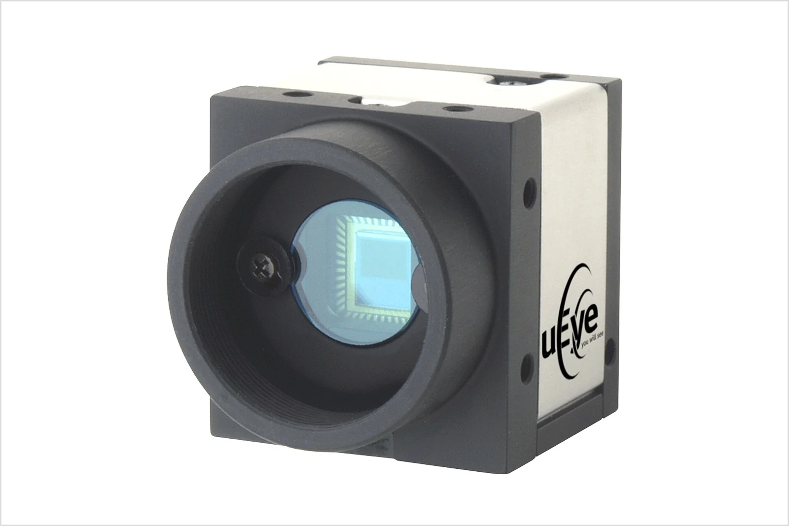 Telecamera industriale di machine vision IDS uEye con connessione USB, vista ravvicinata del corpo macchina e dell'attacco obiettivo.