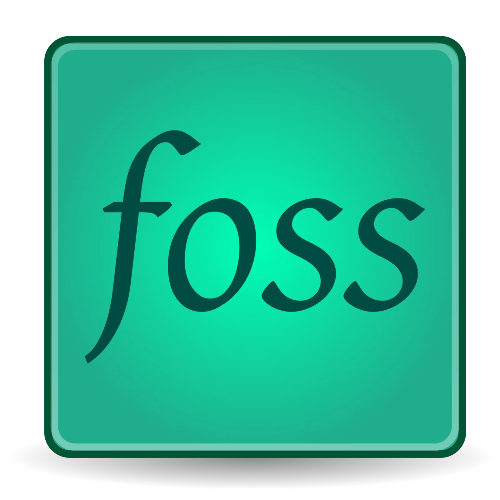 Logo del software libero e open source: la scritta 'foss' in corsivo bianco su un riquadro arrotondato verde-acqua.