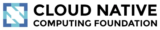 Logo della Cloud Native Computing Foundation: simbolo geometrico azzurro e ciano a frecce intrecciate in un quadrato, accanto alla scritta nera CLOUD NATIVE COMPUTING FOUNDATION.