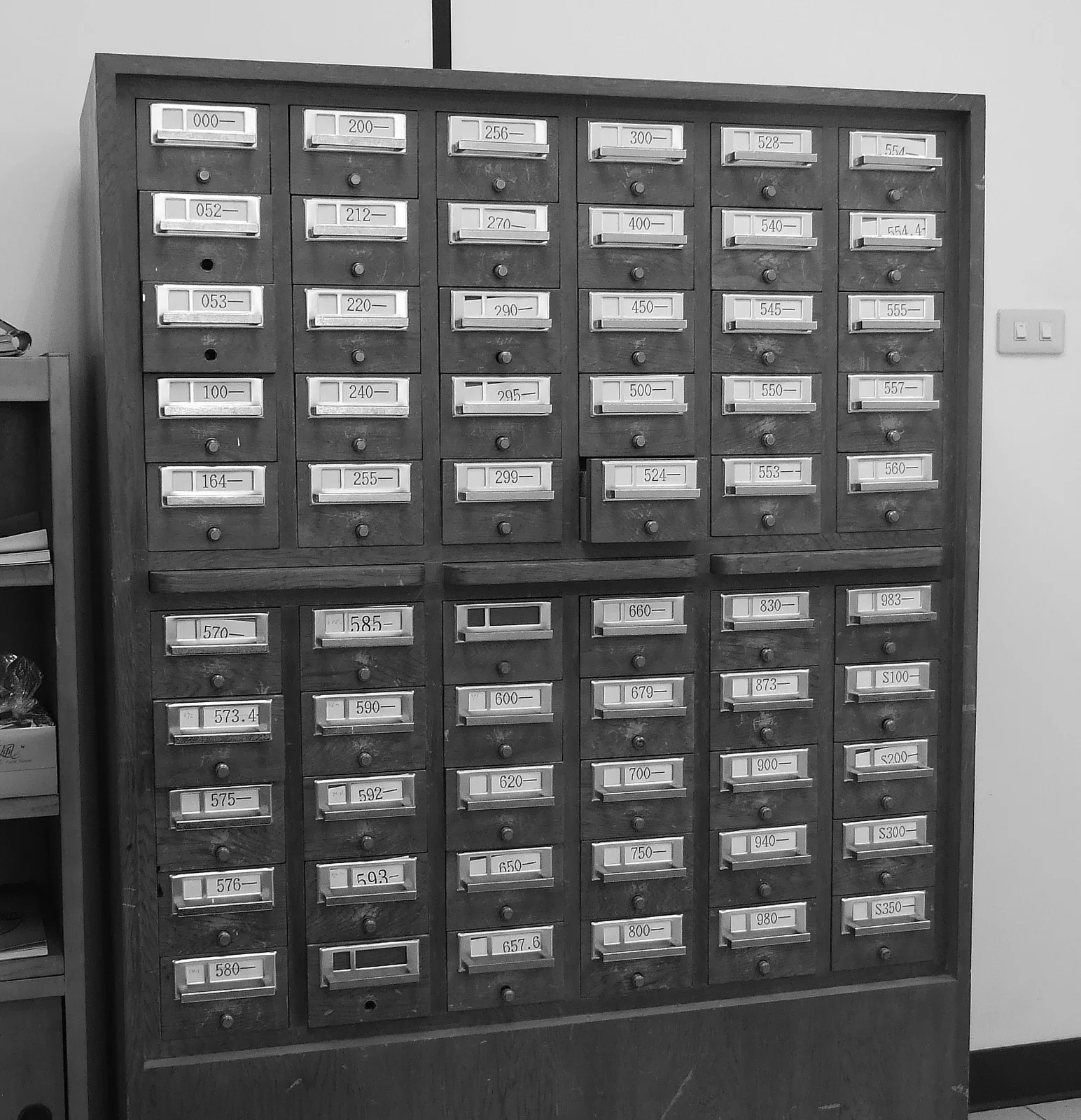 Fotografia in bianco e nero di uno schedario da biblioteca a molti cassetti, ciascuno con l'etichetta di un intervallo di classificazione numerica.