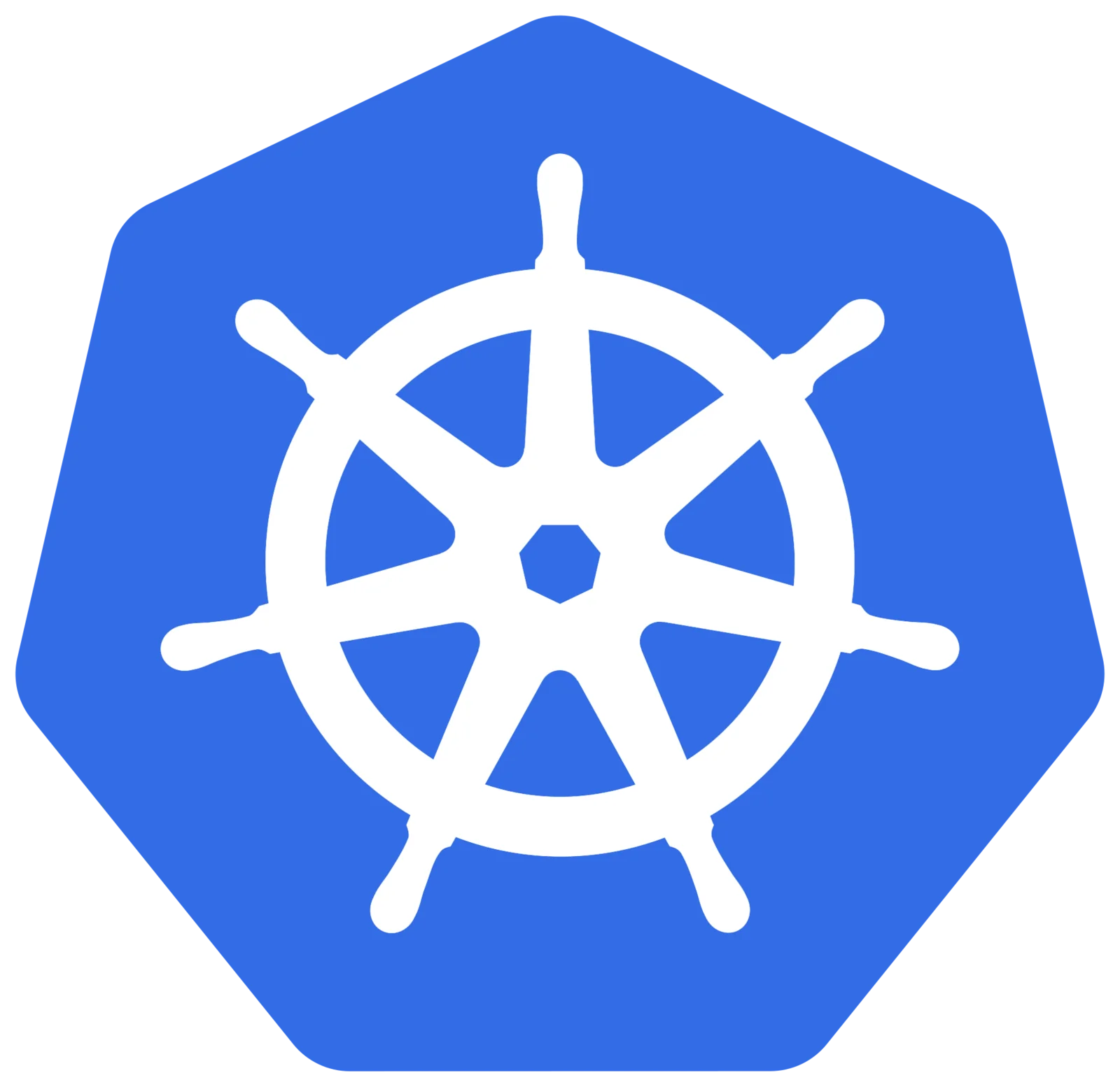 Logo di Kubernetes: una ruota di timone navale stilizzata a sette raggi, bianca su sfondo blu esagonale.