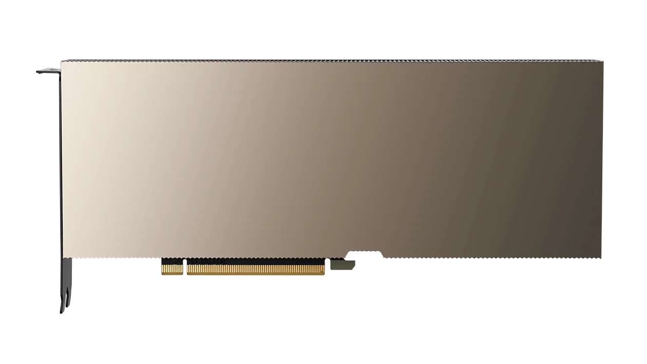 Scheda grafica per data center NVIDIA Tesla A100 vista frontalmente, con corpo nero allungato e dissipatore in alluminio.